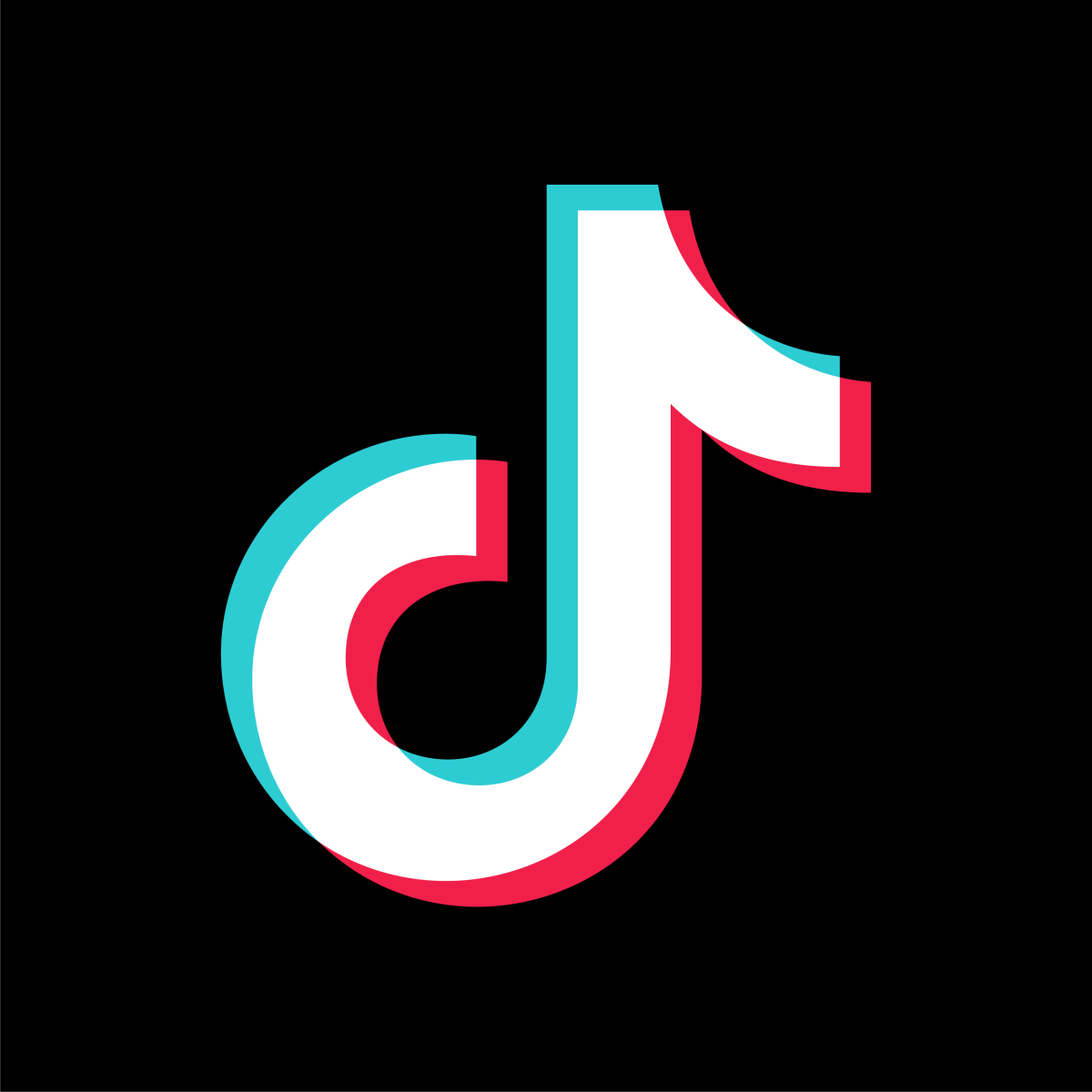 TikTok-Logo in Weiß mit roten und blauen Schatten auf schwarzem Hintergrund.